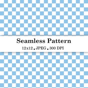 May include: A seamless pattern featuring a repeating grid of light blue and white squares. A white horizontal band across the center displays the black text: Seamless Pattern, 12x12, JPEG, 300 DPI. The design consists of uniform squares.