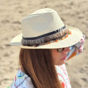 Handmade Taxco Straw Fedora Hat with Fur , Beaded Trim , Boho Chic Beach Hat , hand painted summer hat