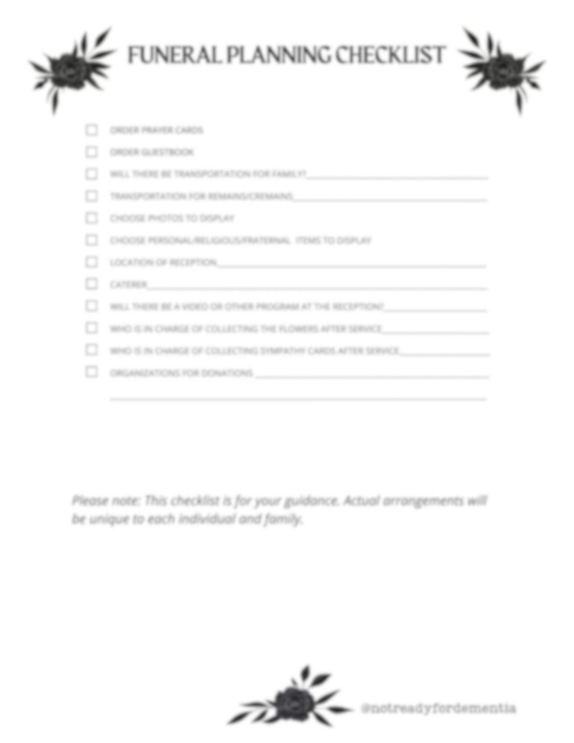 Funeral Planning Checklist Printable Funeral Planning Checklist