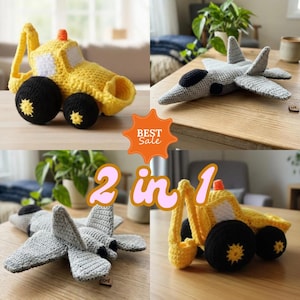 Könnte beinhalten: Eine Collage von zwei Häkeltieren: ein gelber Abschleppwagen und ein graues Flugzeug. Der Abschleppwagen hat schwarze Räder mit gelben Sterndetails. Das Flugzeug hat schwarze Akzente. Das Bild enthält den Text "BEST SALE" und "2 in 1".