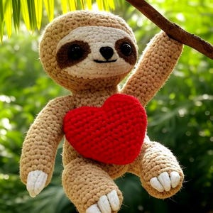 Puede incluir: Un perezoso de crochet sosteniendo un corazón rojo. El perezoso es marrón con detalles blancos y tiene una expresión dulce.