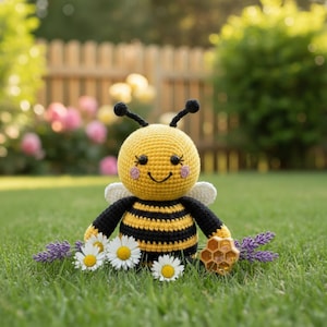 Può includere: Bambola a forma di ape all'uncinetto fatta a mano con testa e corpo gialli, busto a righe nere e gialle e ali bianche. L'ape sorride e tiene in mano un favo e dei fiori. La bambola è sull'erba verde.