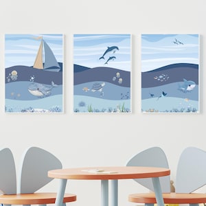 Baby Ocean Posters - Marine Animal Triptych - Children&#39;s Room Wall Decor - Sea Theme Painting - Birth Gift Idea - Ocean Poster