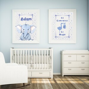 Set di 2 poster di animali personalizzati con nome digitale. Elefante blu e grazioso testo, decorazione da parete per la cameretta del neonato.