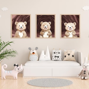 ¡Set de 3 carteles infantiles de un oso en una cueva, decoración de pared de habitación de bebé, regalo de nacimiento!
