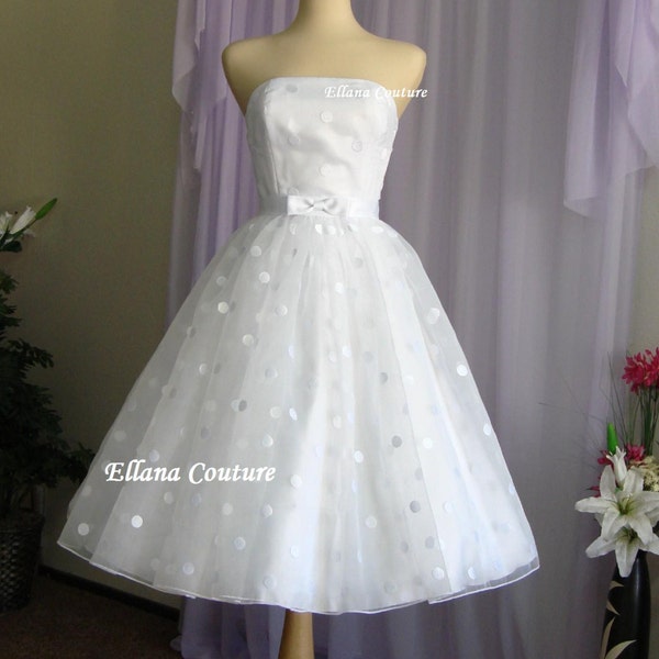 Faye - robe de mariée Style Vintage à pois. Longueur de thé.