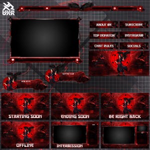 Animated Itachi E Uchia Stream Overlay Pack: Red Itachi-Inspired VTuber Twitch OBS Setup