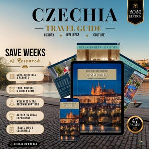 Pode incluir: Um guia de viagem digital da Chéquia 2026 num tablet e smartphone, exibindo a capa com uma vista noturna do Castelo de Praga. O guia inclui secções sobre luxo, bem-estar, cultura, hotéis e 47 páginas com dicas de viagem e informações.