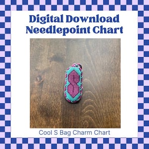 May include: A digital download needlepoint chart for a cool S bag charm. The chart features a pink S shape on a teal background.