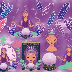 Bundle de cliparts sorcière en cristal méditation yoga mystique – fille bohème méditant, cristaux d'améthyste, PNG spirituels | 300 ppp en téléchargement numérique