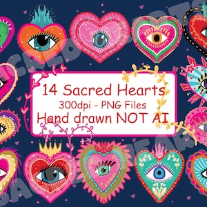 Imágenes prediseñadas de corazones sagrados mexicanos Milagritos, imágenes de sublimación, archivos digitales PNG, garabatos dibujados a mano, estilo folk boho colorido