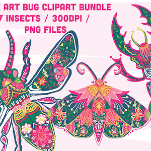 Op de afbeelding: Een digitale kunstbundel met kleurrijke folk art insecten illustraties. De afbeelding bevat een libelle, een mot en een kever, allemaal versierd met bloemmotieven in roze, groen en geel. De tekst bovenaan luidt "FOLK ART BUG CLIPART BUNDLE".