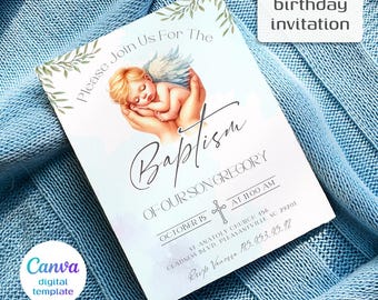 May include: A blue and white baptism invitation with a watercolor background and a picture of a baby angel with wings. The text reads "Please Join Us For The Baptism Of Our Son Gregory, October 15 at 11:00 AM, St. Anatoly Church 156, Gladness Blvd, Pleasantville, SC 29201, Rev. Vanessa 853.953.95.92".