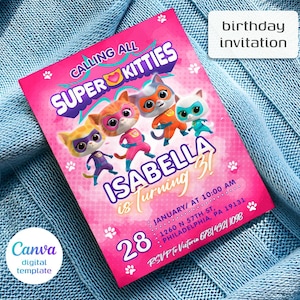 Invitación de SuperKitties, invitación de SuperKitties editable e imprimible, plantilla de invitación para fiesta de cumpleaños de SuperKitty, invitación linda de gatito