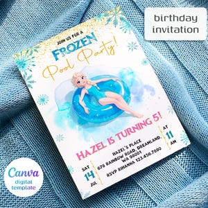 Könnte beinhalten: Eine Geburtstagseinladung mit Frozen-Thema. Die Einladung zeigt eine Illustration von Elsa in einem blauen Schwimmreifen. Der Text lautet "Join us for a Frozen Pool Party!" und enthält Party-Details. Die Einladung ist eine digitale Canva-Vorlage.