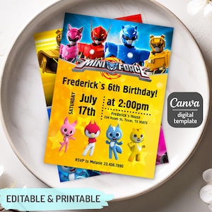 May include: A stack of colorful birthday party invitations featuring cartoon characters and the text "Mini Force". The invitations are yellow and blue with the text "Frederick's 6th Birthday!" and "Editable & Printable". The invitations are on a white plate.