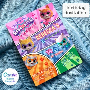 SuperKitties invitation, Printable Editable Super Kitty Invite, SuperKitty Birthday Party invite template, Kitten Invitation Cute Invite