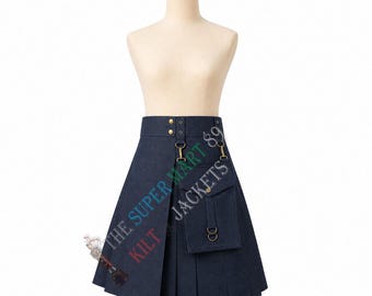 Kilt da uomo in denim nero – Design streetwear funzionale con tasche cargo rimovibili