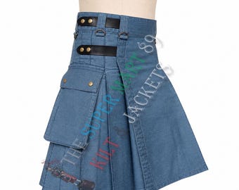 Falda escocesa de mezclilla azul para hombre: una elegante falda utilitaria con correas de cuero y bolsillos cargo.