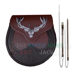 Handmade Scottish Stag Head Badge Sporran Traditional Kilt SPORRAN - Chain & Strap - Premium Brown Leather Sporran - Sporran bag for Men&#39;s