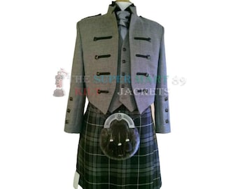 Chaqueta de kilt de lana gris para hombre con chaleco – Atuendo formal para bodas escocesas