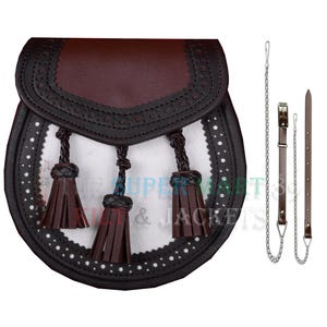 Handmade Men&#39;s Scottish Dark Brown Full Dress Sporran Three Tassel Leather Kilt Sporran Bag With Belt Chain