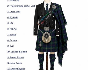 Conjunto de Kilt Escocês para Casamento com Jaqueta e Colete Príncipe Charlie - 13 Peças - Mais de 250 Tartans Disponíveis