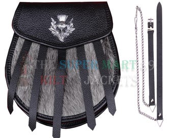Handmade Black Leather Scottish Kilt Sporran: Grey Goat Fur Highland Dress
