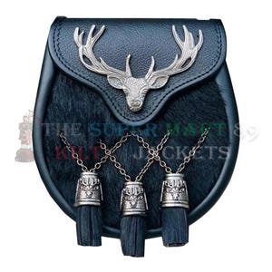Scottish Stag Head Sporran – Black Leather & Calfskin – Handmade Kilt Accessory