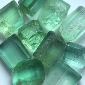 Könnte beinhalten: Eine Sammlung roher, grüner Turmalinkristalle. Die Kristalle haben ein durchscheinendes, glasartiges Aussehen und variieren in Größe und Form. Die Farbe reicht von hellen bis tiefen Grüntönen mit sichtbaren inneren Strukturen. Die Edelsteine werden auf einer weißen Oberfläche präsentiert.
