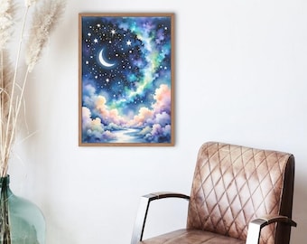 Puede incluir: Una pintura de acuarela de una luna creciente y estrellas en un cielo azul y morado con nubes. Las nubes están pintadas en tonos de rosa, naranja y amarillo.