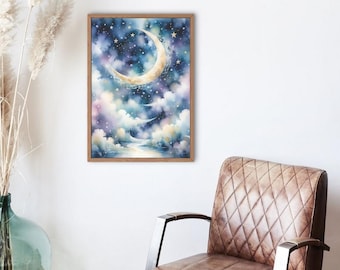 Könnte beinhalten: Ein gerahmtes Aquarellbild eines Halbmondes mit Sternen in einem blauen und violetten Himmel mit Wolken. Der Mond ist golden und die Wolken sind weiß.