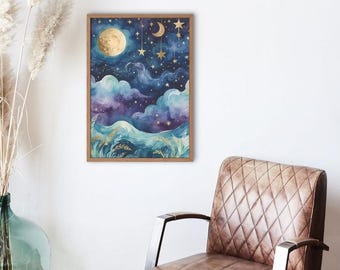 Puede incluir: Una pintura de acuarela enmarcada de un cielo nocturno con luna llena, luna creciente y estrellas. El cielo es azul oscuro con nubes moradas y turquesa. La luna y las estrellas están pintadas en oro.