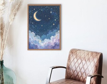 Könnte beinhalten: Ein gerahmtes Gemälde mit einem Halbmond und Sternen in einem Nachthimmel mit flauschigen Wolken. Der Mond und die Sterne sind golden, der Himmel ist dunkelblau und die Wolken sind weiß, rosa und lila.