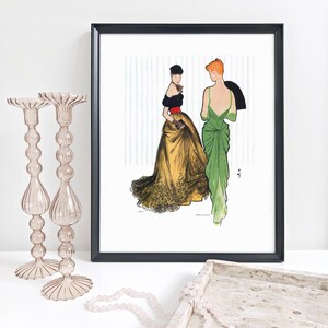 Pierre Balmain and Jeanne Paquin Dresses by René Gruau 1947, Fashion Illustration, Fashion Art, 16x20 Inch Print, Vintage Fashion Print