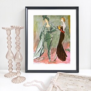 Jacques Fath and Pierre Balmain Dresses by Eric 1948, Fashion Illustration, Fashion Art, 16x20 Inch Print, Fashion Print, 1940s Fashion