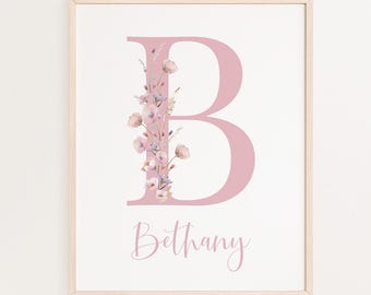 Wildflower Monogram Wall Art Girl Boho Nursery Art, Personalized Girls Room Decor Monogram Artwork, Printable Floral Name Poster Initial 16A