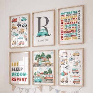 Art mural véhicules, décoration de chambre de transport imprimable, affiche du monogramme de voiture, photos de véhicule de construction Art de la chambre de garçons Art de tout-petit, lot de 6 18A