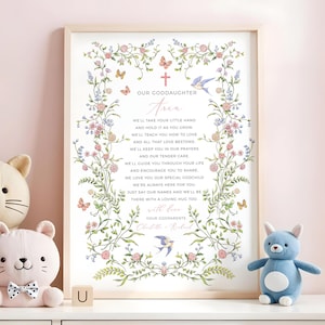 Personalized Goddaughter Christening Gift from Godmother, Floral Baptism Goddaughter Gift, Printable Baptism Gift from Godparents Poem 11A