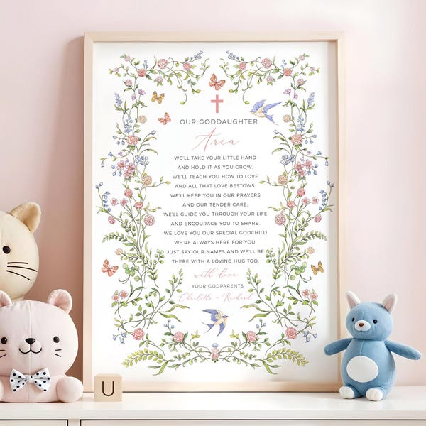 Personalized Goddaughter Christening Gift, Floral Baptism Poem Print, Gift From Godparents, Printable Sign, 11A