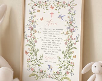 Personalized Baptism Gift for a Girl, Floral Baptism Wall Art, Custom Christening Gift Girl, Poem with Flowers, Baby Dedication Picture 11A