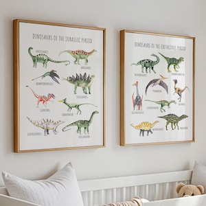 May include: Two framed educational posters with illustrations of dinosaurs from the Jurassic and Cretaceous periods. The posters have a light brown wood frame and are hung on a white wall. The posters are titled "Dinosaurs of the Jurassic Period" and "Dinosaurs of the Cretaceous Period".