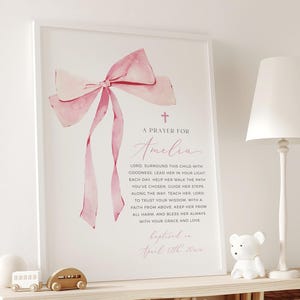 Pink Bow Baptism Prayer Art, Personalized Girl's Christening Gift, Printable Baptism Gift, Custom Prayer Sign, Baby Dedication Picture 09A
