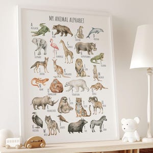 Póster del alfabeto de animales, arte mural imprimible del alfabeto de animales, tabla de animales de la A a la Z, póster del alfabeto de animales, decoración infantil de animales, arte de safari 04A