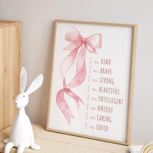 Pink Bow Positive Affirmations Print for a Girl, Printable Inspirational Nursery Wall Art, 24A