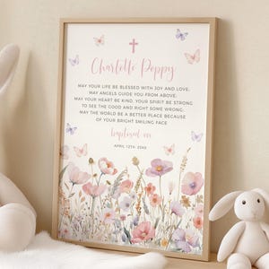 Wildflower Baptism Gift for a Girl, Personalized Christening Gift Girl, Baptism Wall Art Poem with Flowers, Pink Baby Dedication Picture 16A
