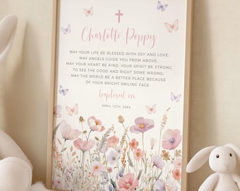 Wildflower Baptism Gift for a Girl, Personalized Christening Gift Girl, Baptism Wall Art Poem with Flowers, Pink Baby Dedication Picture 16A