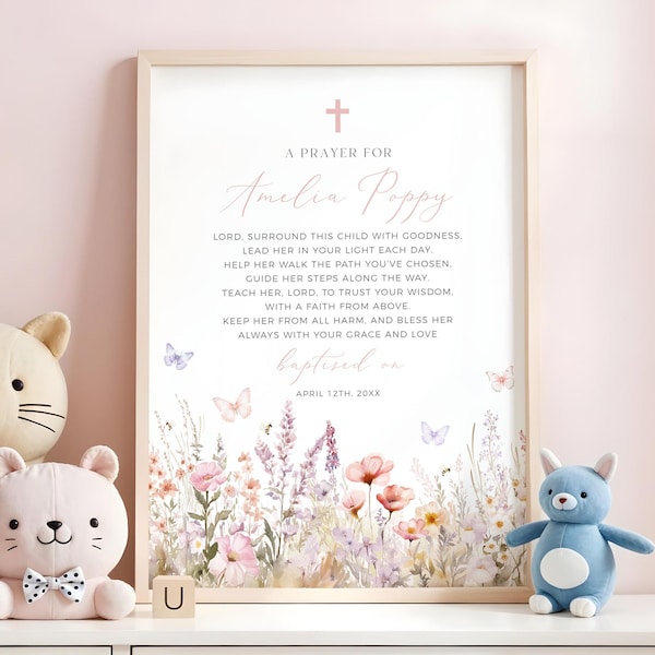 Printable Baptism Prayer Art, Wildflower Christening Gift, Personalized Dedication Prayer Sign, Floral Picture, 06A