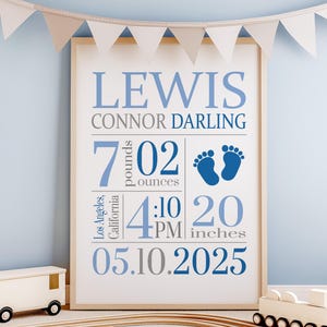 Footprints Birth Stats Wall Art Boy, Printable Birth Stats Nursery Decor, Baby Feet Birth Announcement Sign, Baby Stats Choose Colors 01A