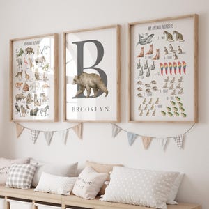 Animal Alphabet Wall Art, Printable Animal Name Poster, Wild Animal Numbers Art, Safari Animal Kid's Room Decor Wildlife Chart, Set of 3 04A